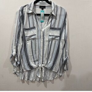 FORTUNE +IVY Blake Tie Front Blouse Off White Stripe Long Sleeve Button Down XXL